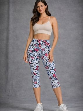 No Boundaries Floral Capri Leggings in White, Blue & Red